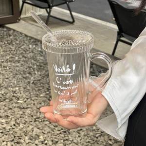 FCSimple Glass With Lid Anti-scald Bandle Water Cup With Straw Juice Milk Mug