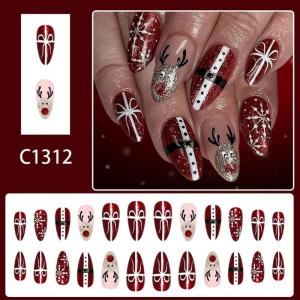 24PCS Christmas Press On Nail With Red Santa Glitters Snowflakes Reindeer Design ABS False Nail For Holiday Parties