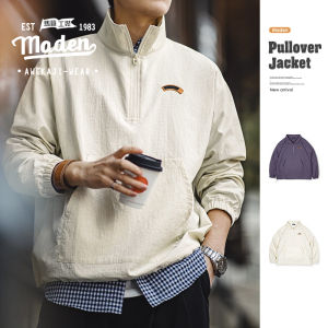 MADEN brand workwear style mens youth 2024 spring new hot selling college style fashionable American retro half zip stand up collar jacket hoodie cityboy sports mens pullover long sleeves