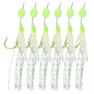 EO4MD 6PCS 6 Arm Hooks Luminous Fishing Hook Mackerel Feathers Bass Cod Sea Fishing Tackle Fishing Sabiki Rigs Treble Fishing Lures Freshwater Fishing Rigs