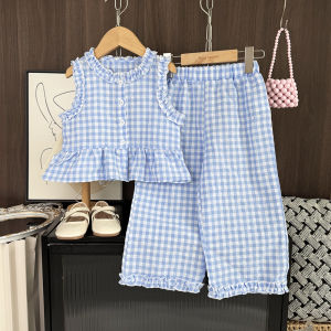Bear Leader Girls Clothing Sets Pink Plaid Sleeveless Top + Wide Leg Pants Lace Two-piece Suit Summer Kids Fashion Outfits