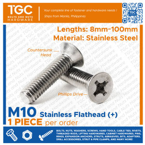 TGC 1PIECE M10 x 20~100mm SS Flathead Phillips Drive / SUS Countersunk JF Bolt / Stainless Flat Head Machine Bolt  10 mm