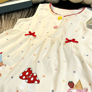 AILEBE Kids Dress For Girls Baby Girl Clothes Soft Cloud Cotton Sleeveless Dress Lightweight Breathable Cute Colorful Strawberry Print Wavy Neck Ruffled Design OOTD Pambahay Pang Gala Birthday 0-13Y