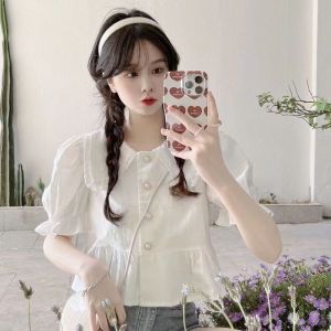 IELGY Summer New Doll Collar Short Sleeve Shirt Womens Sweet Short Puff Sleeve Top