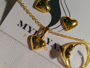 14K Thailand Gold Heart Jewelry Set - Non-Tarnish Necklace Ring & Earrings for Women | Elegant Gift Idea