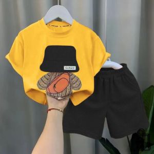 Setelan Anak Motif Lucu Usia 1-5 Tahun Kaos Dan Bahan Knit Gambar Bear Bertopi