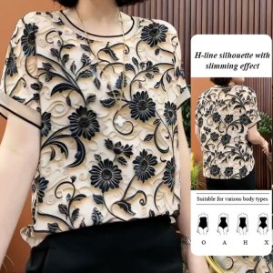 3D Flowers Printed Round Neck Short Sleeve Blouse Thin Summer Clothing Loose Tops