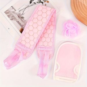 3PCS Exfoliating Back Scrubber Set Double Sided Exfoliating Cloth with Strap Long Body Scrub Sponge Shower Loofah with Handle for Women Men Deep Clean Body Washing