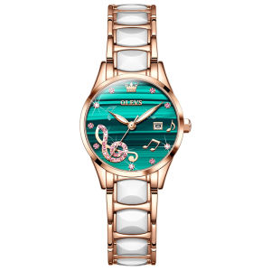 OLEVS 3605 Quartz Fashion Women Watch Gift Ceramic Watchband Round-dial Wristwatch Calendar Luminous
