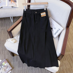 Rok Celah Pinggang Tinggi Panjang Biru Retro untuk Wanita 2024 Rok Pelangsing dan Panjang Baru