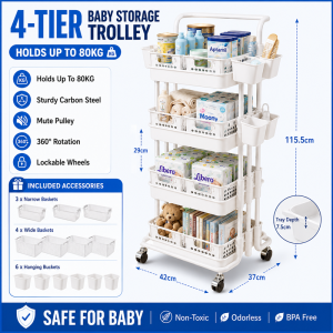 3/4 Tier Baby Storage Trolley Rolling Cart Multipurpose Organizer Rack Baby Supplies Nursery Storage Home Organizer