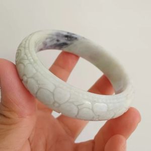 54.5mm Natural Type A Black Chicken Species Burmese Jadeite Round Band Bangle With Flower Carved