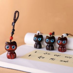 YISHA JEWELRY Lovely Chinoiserie Lucky Blessing Chinese Style Cat Shape Charm Keychain Components Jewelry Findings Sandalwood Key Chains Wood Car Keyring
