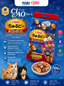 CIAO Churu Bee Mixed Cat Treats 10x10g | Tuna Grilled Chicken & Maguro Maguro with Grilled Bonito