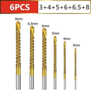 VIVIDI 6Pcs 3-8mm Mũi khoan có răng cưa Phủ Titanium Rãnh răng cưa Bộ dụng cụ tạo rãnh Bền bỉ 3 trong 1 Mũi khoan xoắn HSS Phụ tùng chế biến gỗ