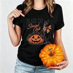 Halloween black cat and pumpkin print short-sleeved shirt T Shirt Festive tops Hot Sale 60722‑9