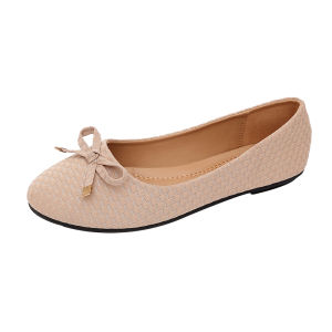 Womens beige loafers with bow detail and textured pattern.5018-40