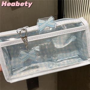 Heabety Sweet Bow Zipper Transparent Pencil Case Box Student Stationery Storage Bag Large Capacity Makeup Bag Cartoon Zipper Pen Bag