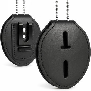 Cowhide Leather Universal Badge Holder Pocket Case with Clear ID Window and Inside Card Slot Hook and Loop Closure and Stainless Bead Chain Necklace