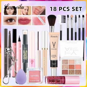 LAMEILA 18 Pcs Set Multi Functional Makeup Combination Moisturzing Natural Bb Cream High-Gloss Contour Stick Eyeshadow Mirror Lip Glaze Rose Blush Black Color Mascara Eye Makeup Makeup Brushes Set Cosmetics