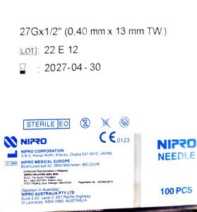 NIPRO  MEDICAL  NEEDLE  27G X 1/2 INCH 13MM  100S  - EXPIRY 2029