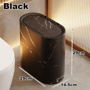 Minimalist Lidded Trash Can Narrow Trash Bin with Cover Marble Wood Pattern Plastic for Living Room Porch