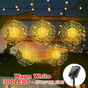 {READY STOCK}5pcs Solar Hanging Spark LED Fairy Firework String Lights 300 LED 8 Modes Auto On/Off DIY Flexible Copper Wire Christmas Holiday Party Backyard Decor