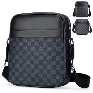 Checker Plaid Men's PU Leather Crossbody Bag Shoulder Sling - Black, Soft & Comfortable with Multiple Compartments - Scratch Resistant & Waterproof, 23x6x26cm (30222)