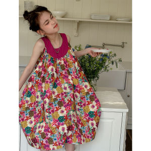 Korean Style Childrens Clothing Girls Dress Summer New 2024 Childrens Floral Skirt Big Childrens Girls Sleeveless Vest Skirt