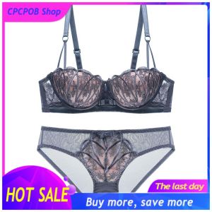 Top Temptation Lingerie Womens Medium-thick Lace Shell Upper Support Gathered Hollow Adjustment Type Tight Black Set