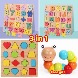 3 in 1 ABC Alphabet Digital Puzzle Wooden Toys Kid Number Letter shape Matching Jigsaw Board #SL