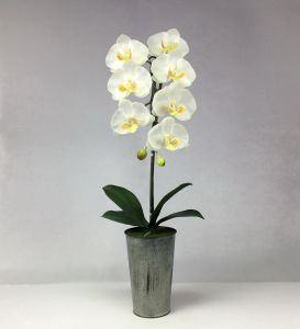 OrientalFineArt กระถางดอกไม้ประดิษฐ์ ดอกกล้วยไม้สีขาวจัดในกระถางสังกะสี ดอกไม้ปลอมเกรดพรีเมี่ยม