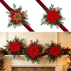 MODERNLUX with Red Ribbon Christmas Poinsettia Flowers Wreath Supply DIY Faux Flower Vine Festive Artificial Flower Vine Christmas Decor