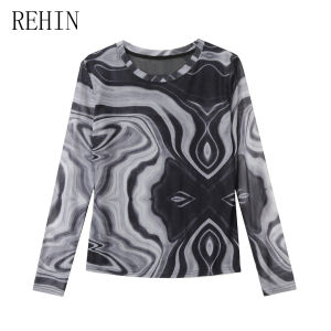REHIN European Style Mesh Wave Print Slim Fit Long-Sleeve T-shirt 2024 Fall/Winter Fashion Round Collar Elegant Womens Top