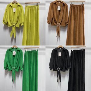 SET7202 Style Buckle Mid Sleeves Top n Pants Set