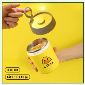 Cốc Đựng Nước Canh Soup Inox Giữ Nhiệt. Bình Ủ Cháo Kèm Thìa In Hình Vịt Vàng - Hộp Đựng Thức Ăn Giữ Nhiệt 500ml Cho Bé