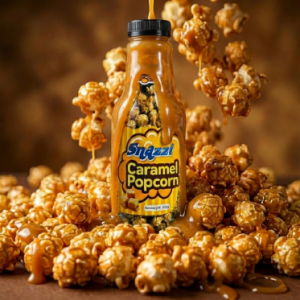 Snazzi Caramel Popcorn bottle 580 gram - caramel coated popcorn - bottle with caramel popcorn scene