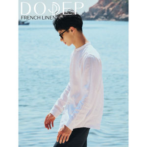Áo sơ mi nam linen Pháp màu trắng cổ trụ tay dài 100% linen cao cấp – mát nhẹ sang trọng – DODEP