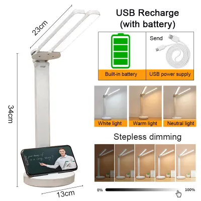 Table Lamp Desk Light Study Lamp Lampu Belajar Usb Light 桌灯 2 Heads 180° Rotate Stepless Dimming 3 Light Color In 1 Lamp Rechargeable Bedroom Bedside Lamp Dormitory Reading Lamp ☀0318x