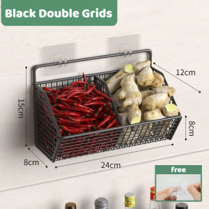 Kitchen Wall Mounted Organizer Rack Stainless Punch-free Condiments Spice Storage Holder 3 Compartments Onion Ginger Garlic Mesh Waterproof Rust Proof