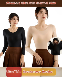 Hyaluronic Acid Thermal Energy Base Layer Thermal Underwear for Women with Built-In Chest Pads Autumn Clothes Slimming Long Sleeve Low Collar Base Layer Shirt薄纱美肤衣打底