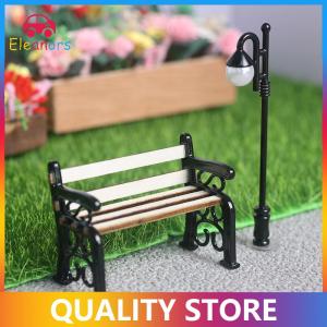 [Eleanor] 2Pcs set 1:12 Dollhouse Miniature Wooden Park Bench Street Lamp Suit Fairy Garden Ornaments Outdoor Furniture Model Decor Toys