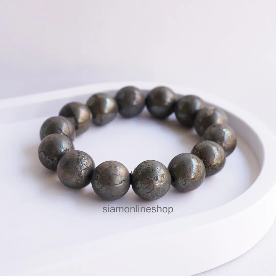 PYRITE ไพไรต์ เพชรหน้าทั่ง เลือกขนาดเม็ดหินได้ (4-14 มม) หินแห่งการดูดทรัพย์ ดูดเงิน สร้อยข้อมือหินแท้