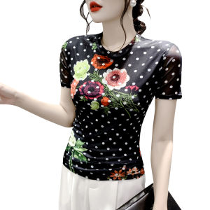 REHIN Womens T-shirt Summer Fashion Mesh Printed Floral White Polka Dot Short-sleeved Round-neck Slim-fit S-3XL Trendy Tops