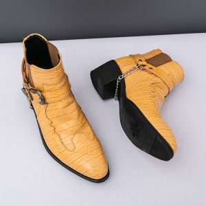 Mens High Heel Western Cowboy Ankle Boots Pointy Toe With Chain Motorcycle Moto Riding Dress Boots EU 38-46