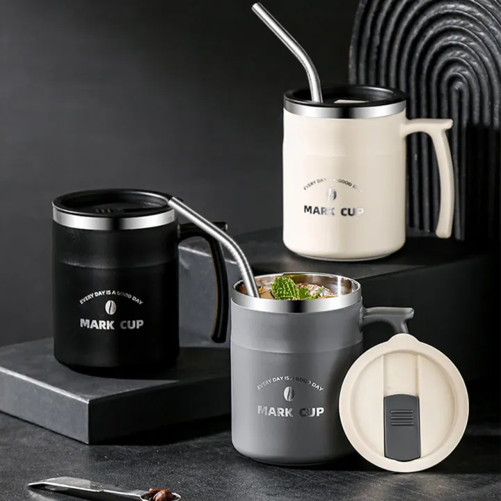 Stainless Steel Coffee Mug Tumbler With Straw Thermos Cup With Handle ...