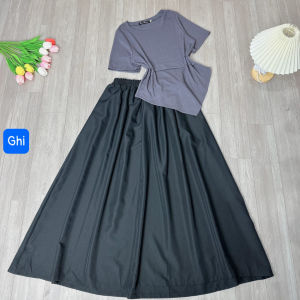 Set áo váy bigsize nữ áo thun tay ngắn cổ tròn vạt nhọn chéo váy lưng chun co giãn tà xòe công chúa chất mịn mềm - SET77