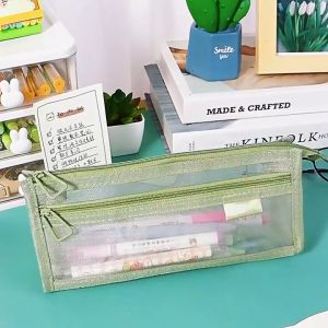 Transparent Mesh Pencil Bag Double Layer Large Capacity Stationery Bag Pen Bag
