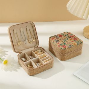 FEELDG Cork Wood Jewelry Storage Box Useful Portable Ring Earrings Organizer Simple Cosmetic Holder Double Box Travel Supplies