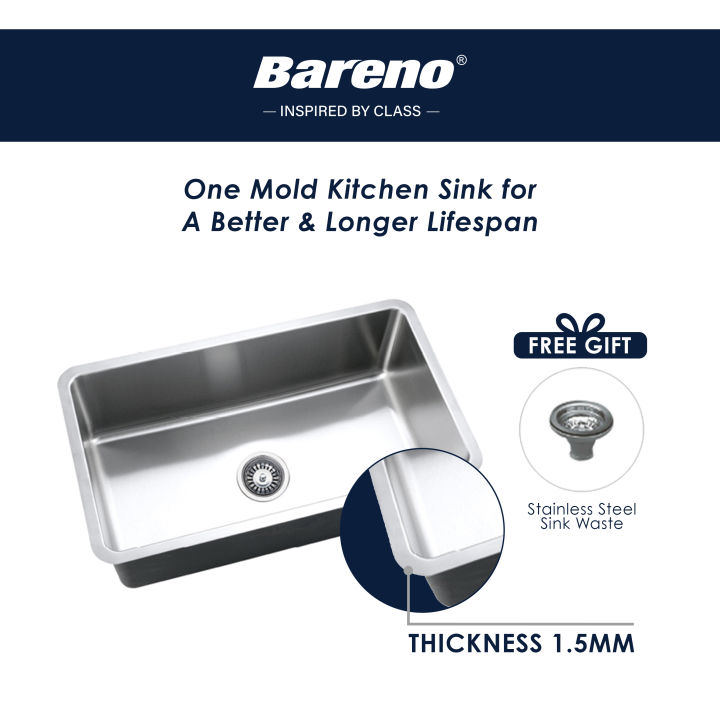 Bareno Stainless Steel SUS 304 1.5mm Under Mount Single Bowl Kitchen